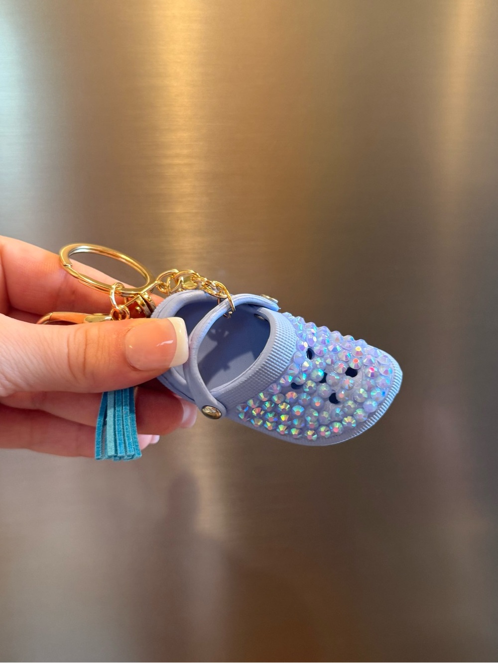 Blue rhinestoned croc keychain